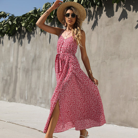 Summer Floral Print V neck Belt Strap Dress Large Swing Dress For Women Sundress