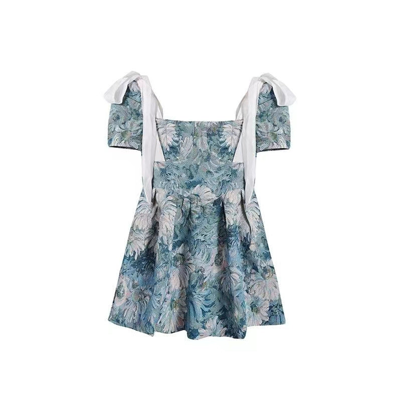 Floral Dress Women Summer French Cinched Short Dress Niche Design Sweet Puff Sleeve Dress