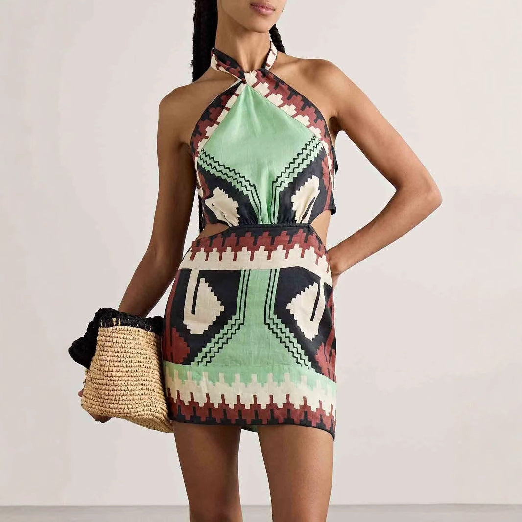 Summer Sexy Halter Positioning Print Holiday Beach Dress
