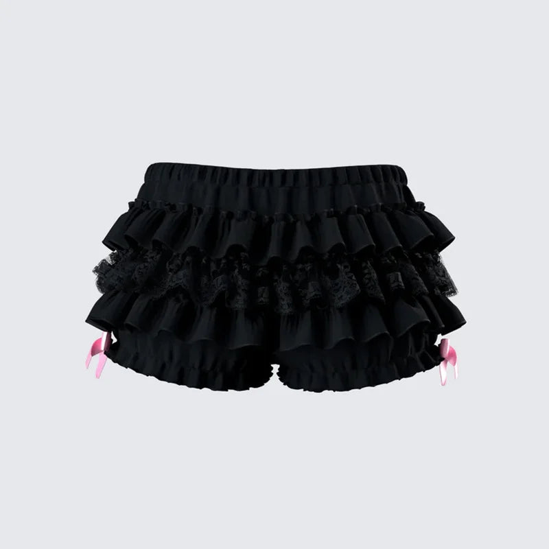 Lamuusaa Coquette Shorts for Women y2k Clothes Low Waist Ruffle Lace Bloomers with Bow Decor 2000s Lolita Kawaii Pettipants
