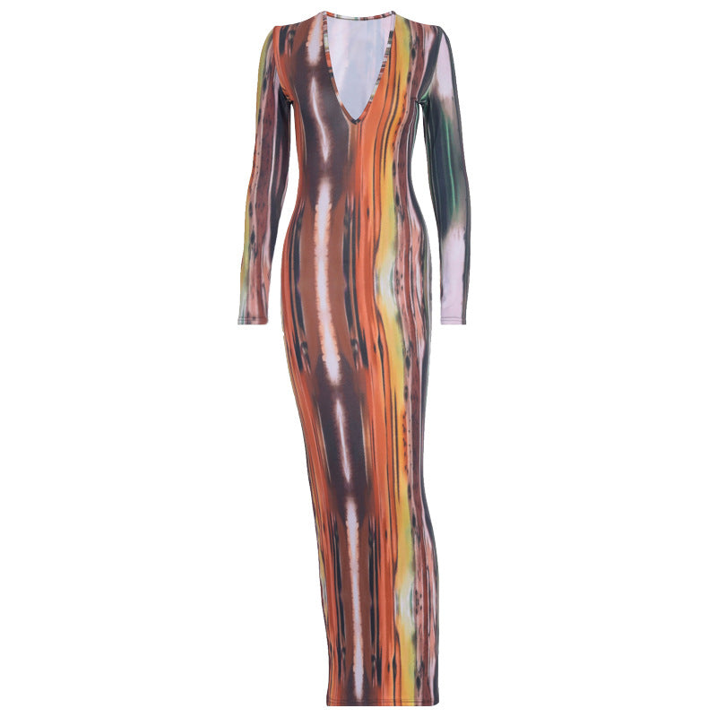 Women Spring Clothing Sexy Temperament Printed Long-sleeve Dress