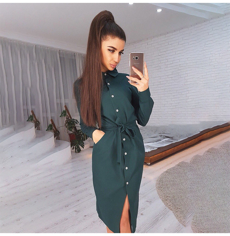 Spring Autumn New Women Clothing Long Sleeve Solid Color Polo Collar Single-Breasted Lace up Belt Knee-Length Dress