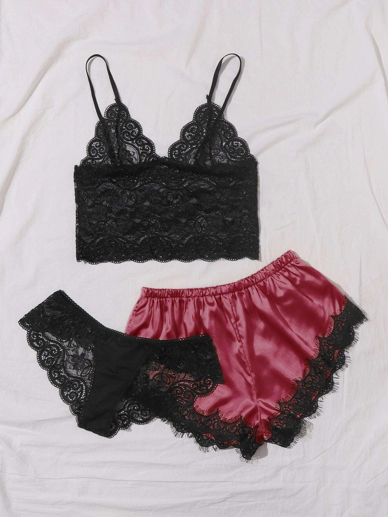 Hot Sexy Lingerie Home Nightdress Sexy Lace Sling Pajamas Three-Piece Set