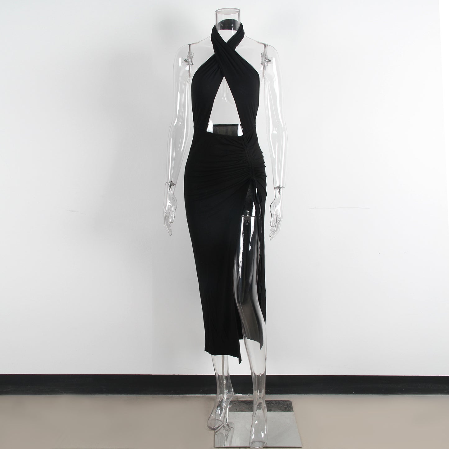 Women Clothing Chest Cross-Halterneck Sexy Dress Backless Solid Color Party Dress