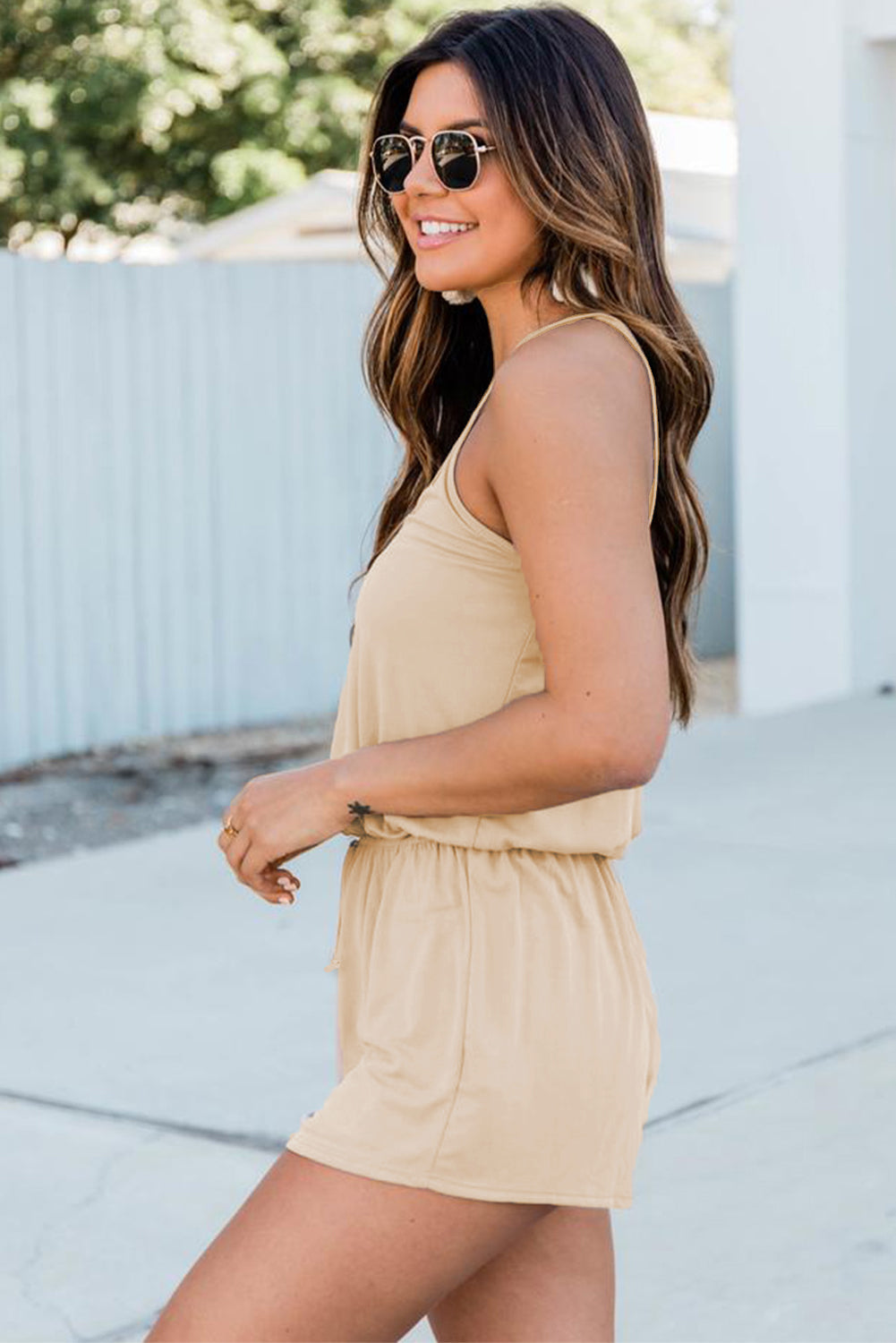 Khaki Spaghetti Straps V Neck Crisscross Back Romper