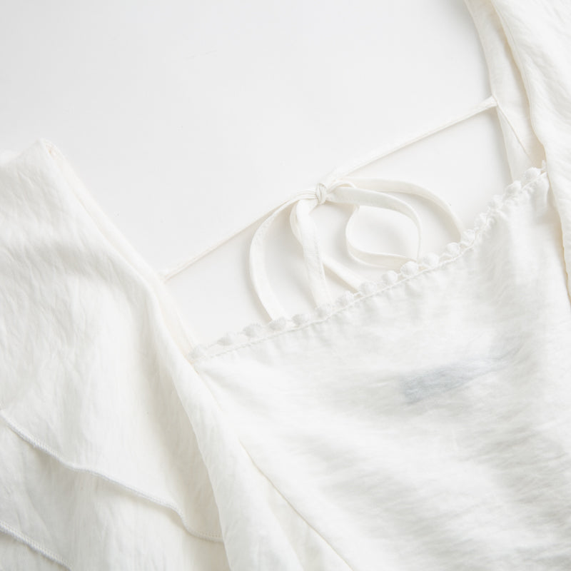 Women Casual Lace Bodycon Dress Embroidered Short Ruffle Sleeves Mini Dress Party Cami Dress White