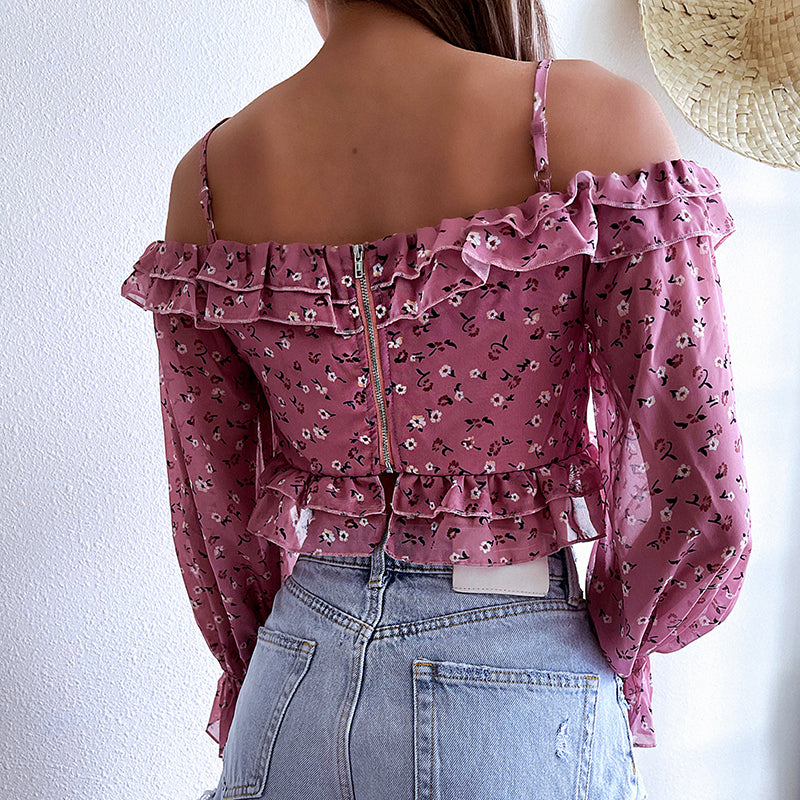 Off shoulder ruffles sexy fashion blouse chic irregular elegant top Holiday beach summer floral chiffon blouse top