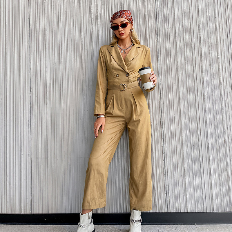 High Street Shirt Collar Belt Jumpsuit Solid Casual Button Chain Overalls Autumn Office High Waist Ladies Playsuit