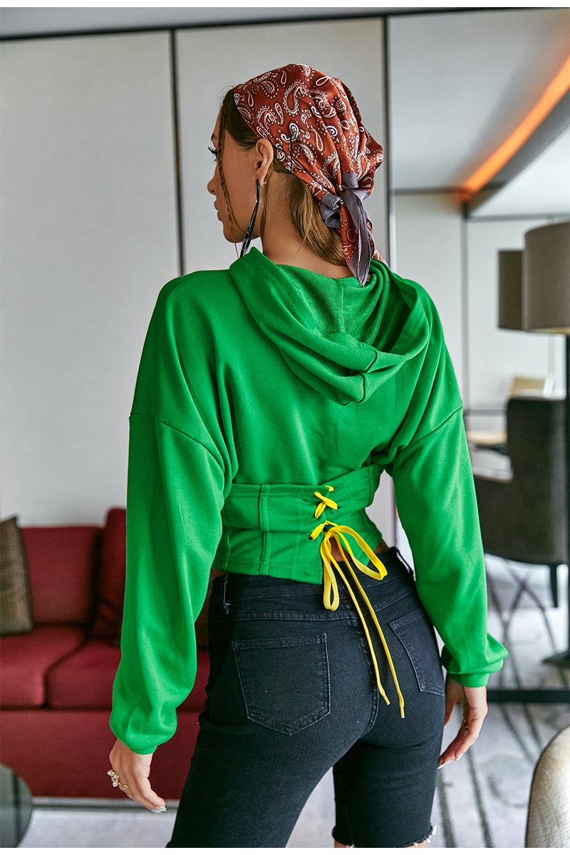 Green Hoodedies Crop Top Women Autumn Girdle Letter Graphic Printed Casual Loose Hoodie Long Sleeve Chic Winter Bandage Top