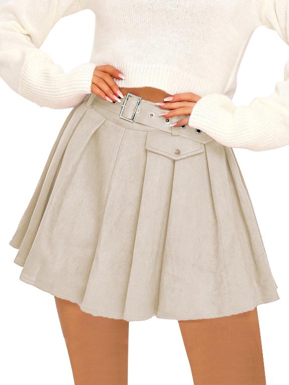 Berrygo Solid Pleated Ladies Dress Sexy Commuter A-Skirt Metal Belt