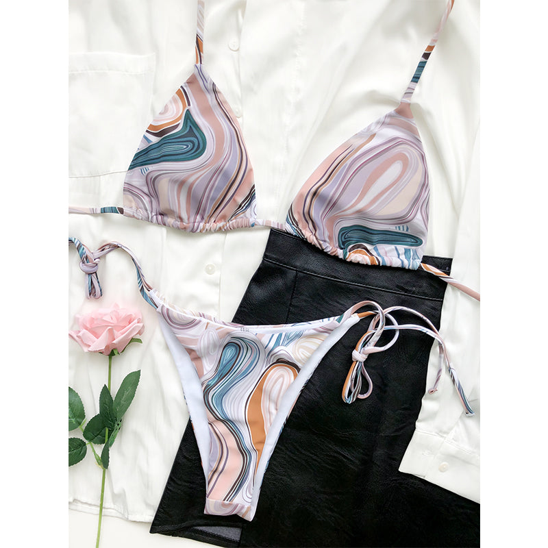 Triangle Halter Bikinis Print Swimwear Women String High Cut Swimsuit Micro Bathing Suit Backless Swimming Suit Sexy Beach Wear