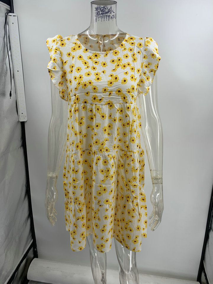 Summer New Short Sleeve Floral Loose Big Hem Dress