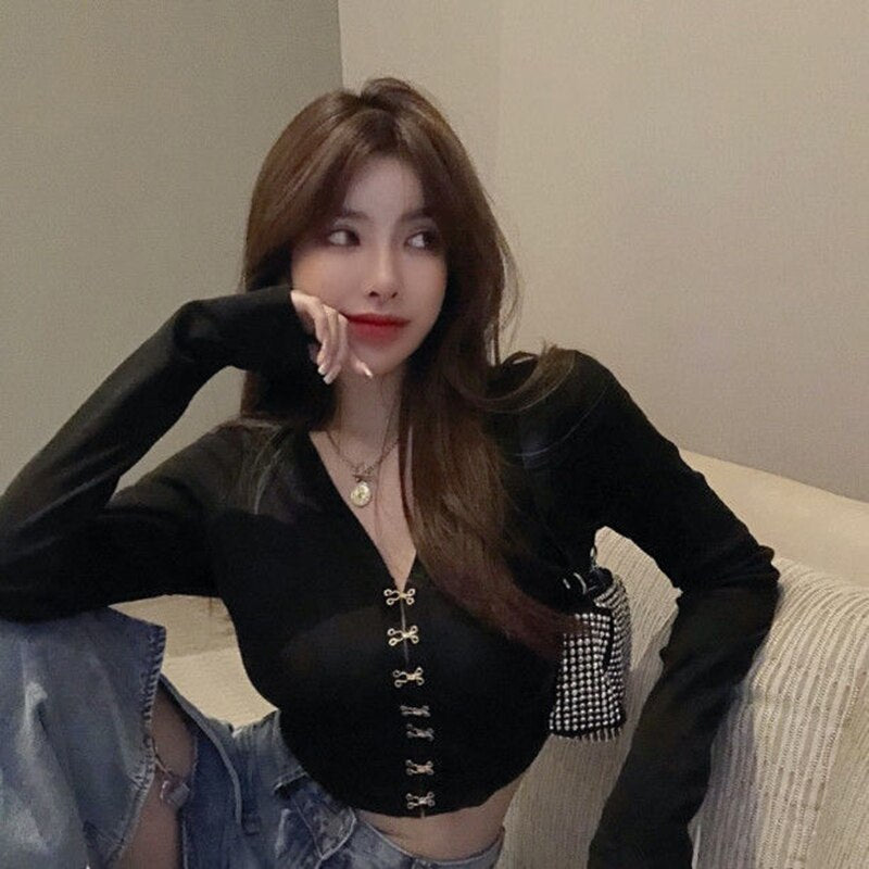 Autumn new блузка женская футболка Hong Kong taste sexy V-neck knitted bottoming shirt short top long sleeve women топ blouse