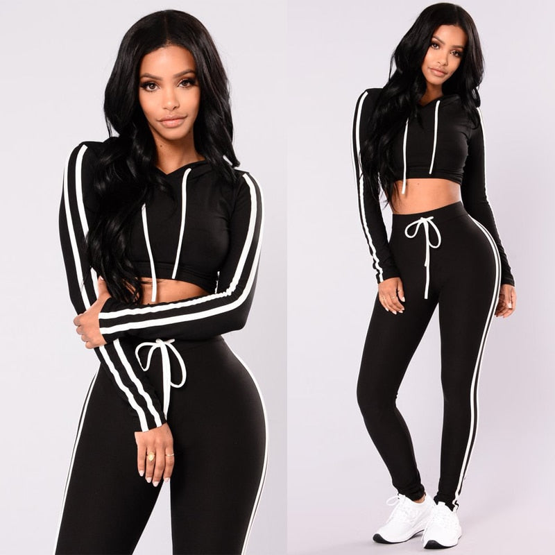 Womens Sport Hoodies Solid Black Long Sleeve Striped Casual Sweatshirt Crop Tops Pants Set