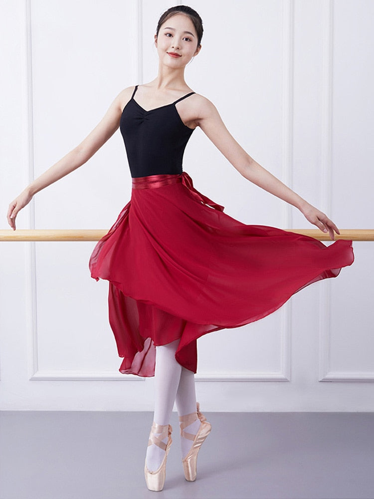 Long Chiffon Ballet Skirts Adult Ballroom Dance Skirt Black Burgundy Ballet Costume Waist Tie Dress