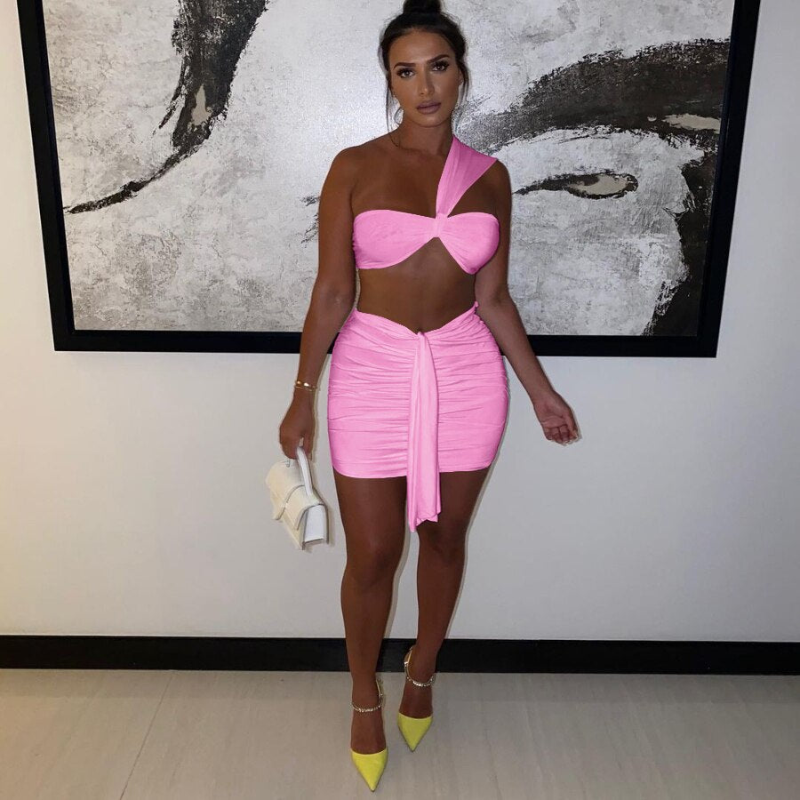 Neon or Hot Pink Two Piece Sexy Womens Mini Skirt Two Piece Sets