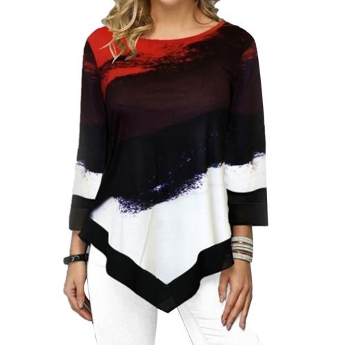 O Neck 3/4 Sleeve Irregular Hem Leopard Patchwork Blouse Loose Fit Women's Clothing