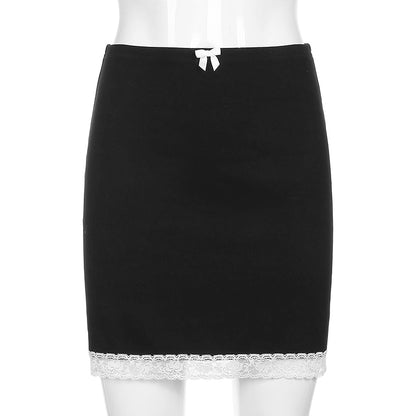 2021 Summer New Vintage Sweet Bow Lace Trim Aesthetics Sexy High Waist Black Skirts Y2k Mini Bodycon Short Skirt 90s Clubwear