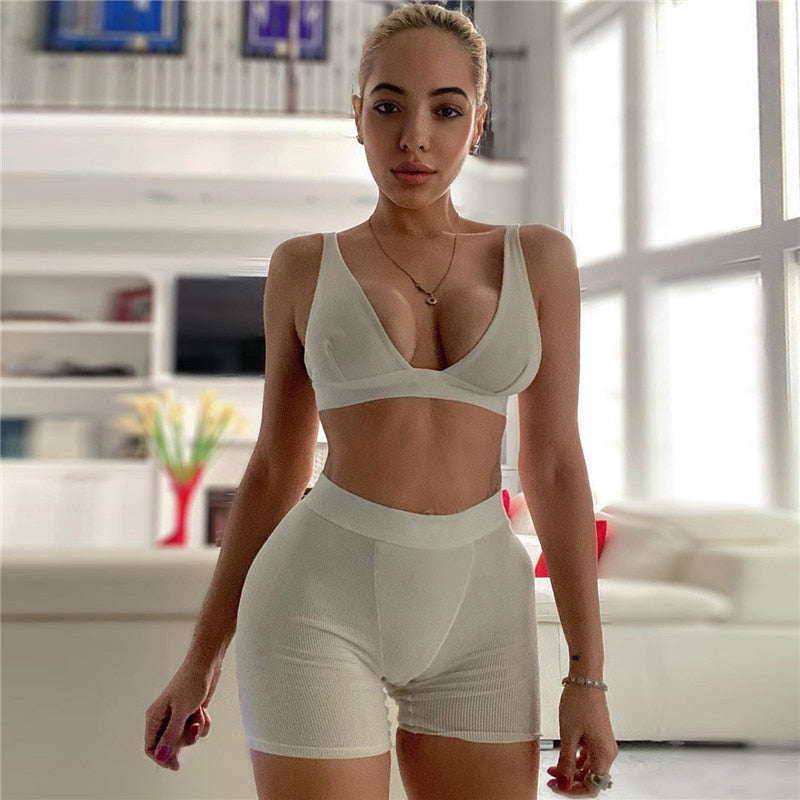 Sexy Sports Ribbed Knitted 2 Pc Set for Women