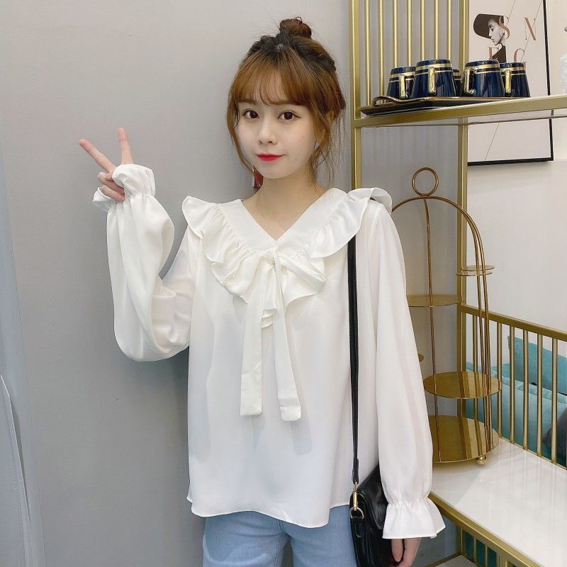 Shirts Womens Retro V-Neck Elegant Bow Knot Flare Sleeve Kawaii Solid Blouses 2020 New Autumn Korean Style Loose Leisure Daily
