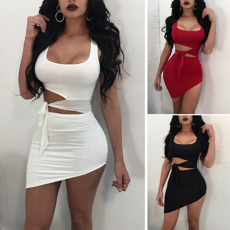 Mini Summer Dress Women Slim Sheath Bodycon Dress Party Dress Belt Waist Strapless Sleeveless Dress Sexy Hollow Out Club Female