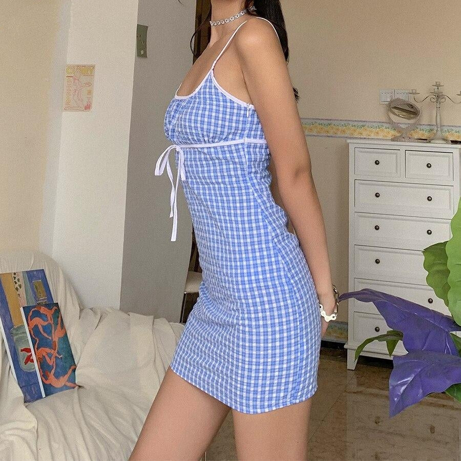 Casual Plaid Sling Sleeveless Mini Short Dress