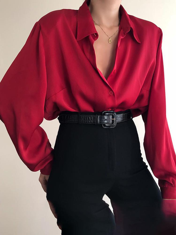 Women Shirts Solid Color Work Office Lady Shirts Long Sleeve