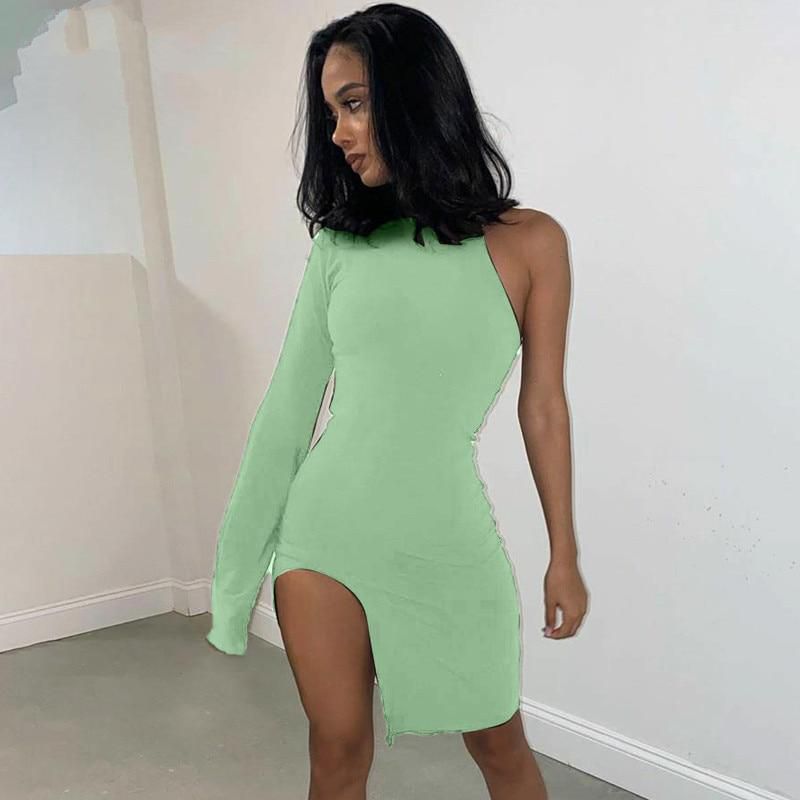 One shoulder long sleeve turtleneck bodycon slit sexy streetwear