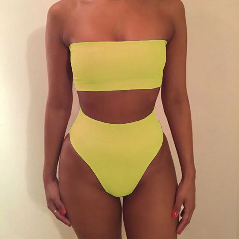 Solid Push Up Bikini Padded Bra Straps High Waist Swimsuit Female Swimwear Women