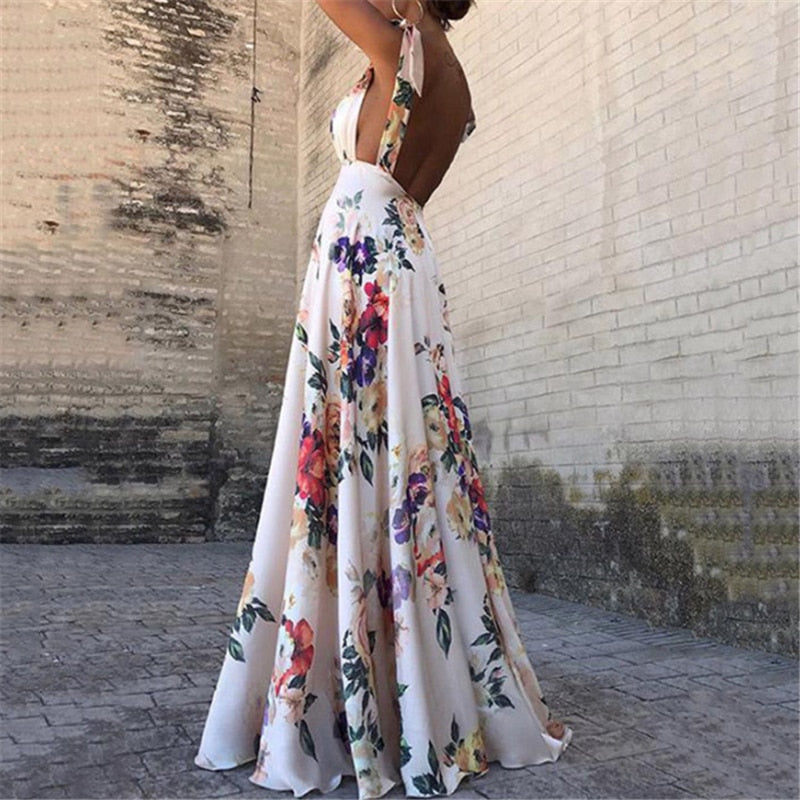 Floral Print Sleeveless V-Neck Backless Vintage Long Boho Party Cocktail Pink Dress