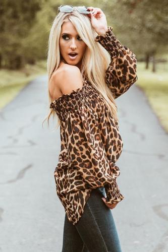 Leopard Print Long Sleeve Off Shoulder Blouses