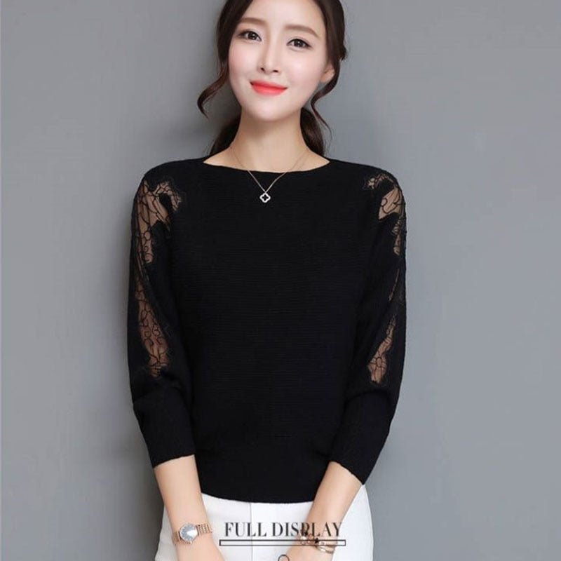 Loose Batwing Knitted Pullover Tops Lace Decoration