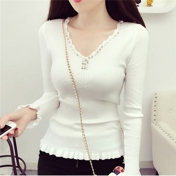 V-neck Knitted Tops Solid Slim Elasticity Knit Pullover Sweater Female