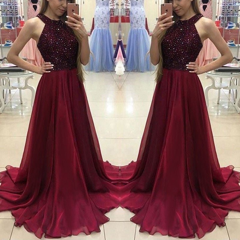 Vintage Lace Sequins Long Maxi Dresses Beach Holday Evening Party Formal Halter Dresses