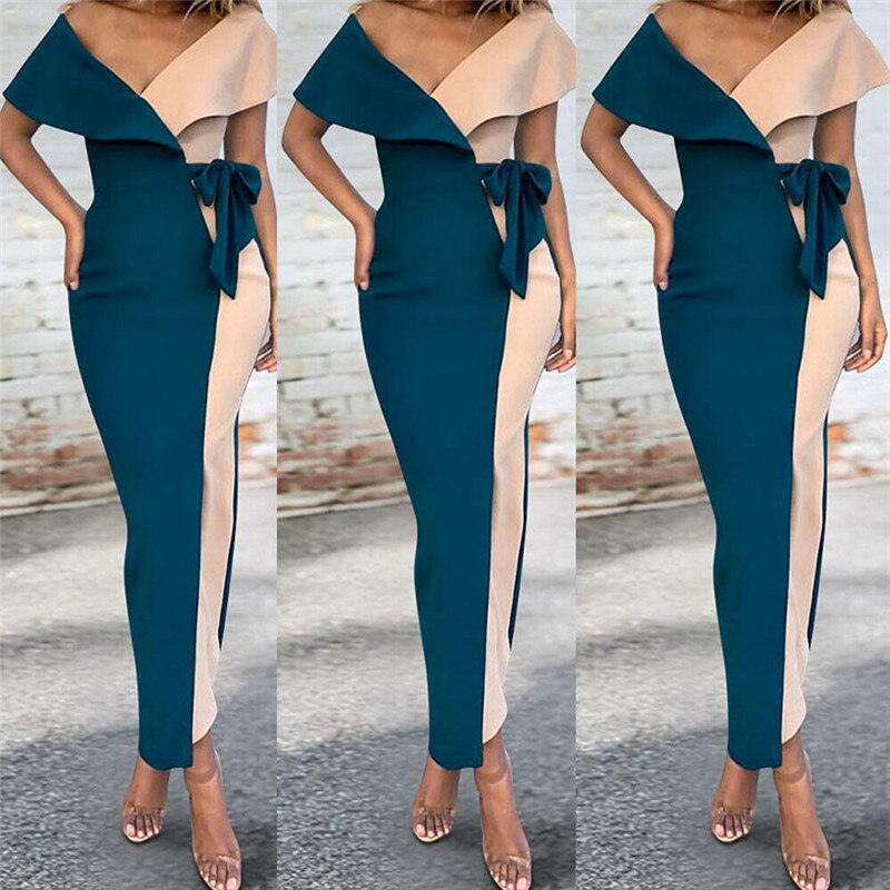 Elegant Women Summer Wrap Sexy Stitching Dress Ladies Holiday Long Dress