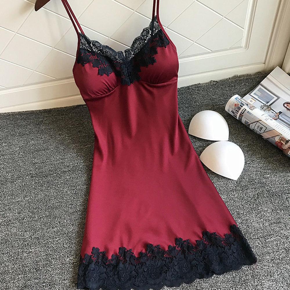 Spring New Sexy Satin Nightdress Women Plus Size Solid Color Lace
