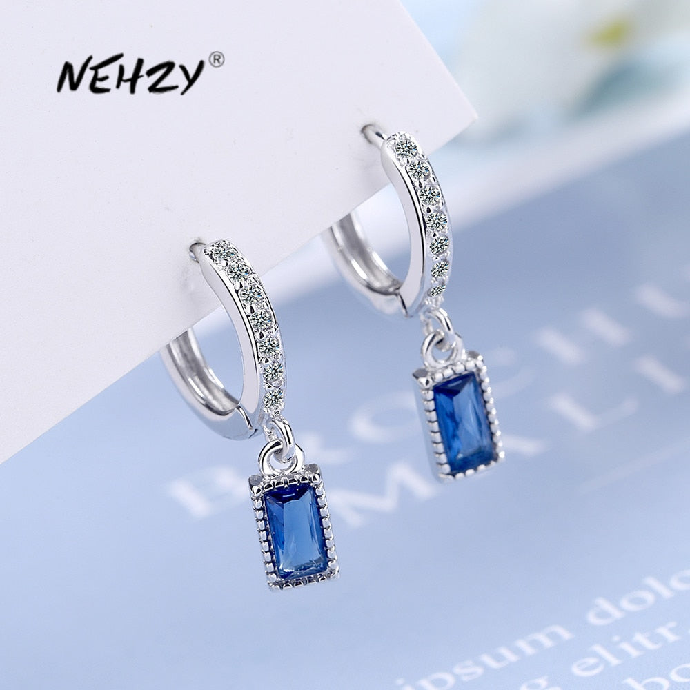 925 Sterling Silver Simple Blue Crystal Zircon Mid-length Tassel Earrings