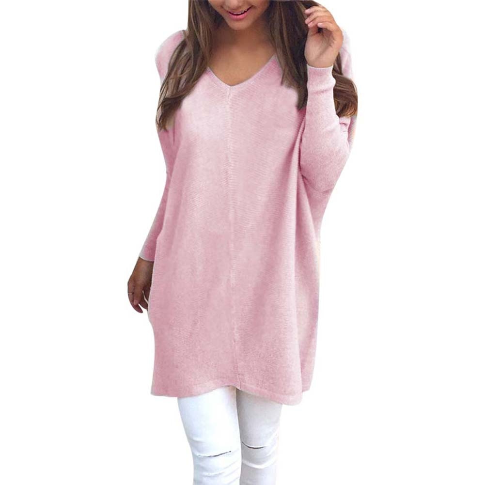 V Neck Long Sleeve Tunic Pullover Loose Knitted Solid Color Women's Sweater