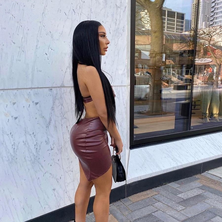 Women Two Piece Set Vegan Leather Tube Top and Mini Skirt Party