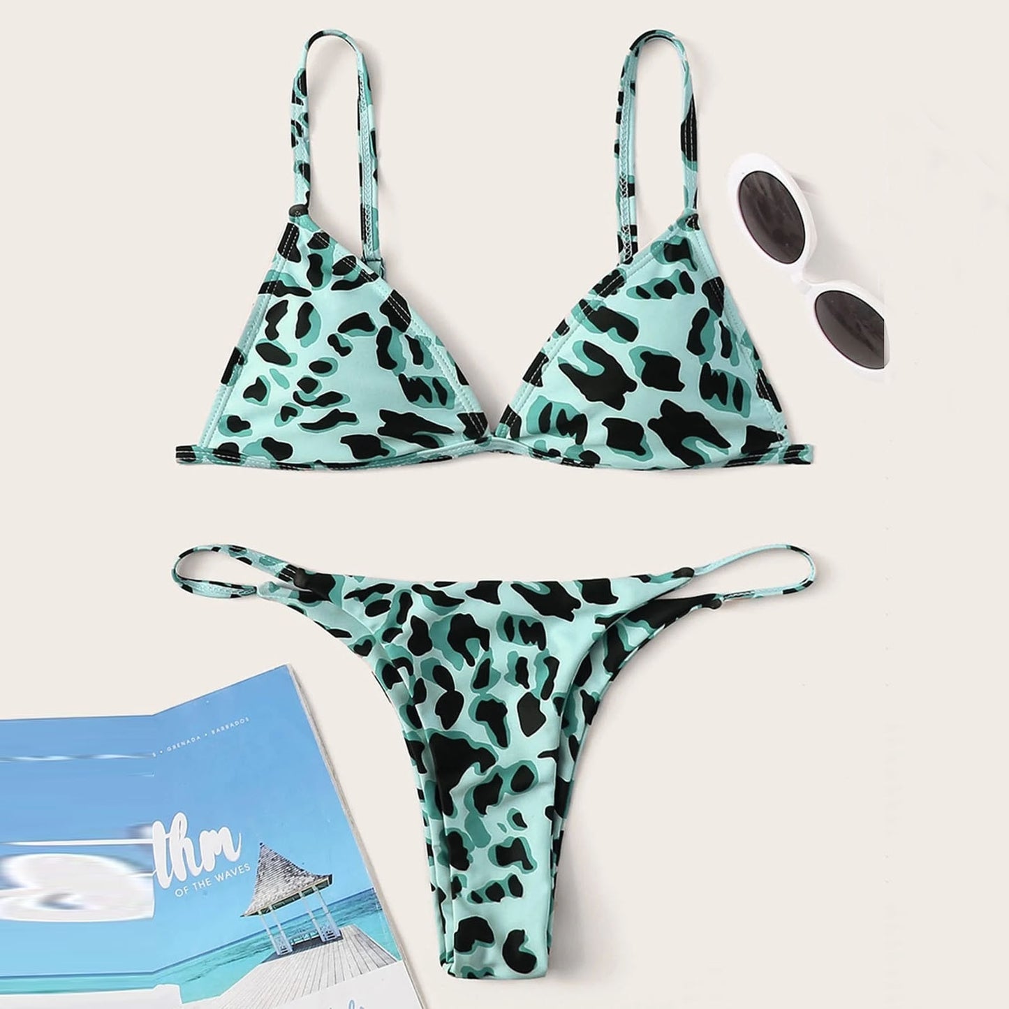 Leopard Print High Waist Two Pieces Bikini Swimwear Swimsuit Beachwear