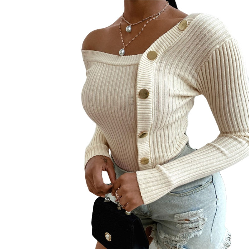 Fashion Button Off Shoulder Knitted Sweater Women