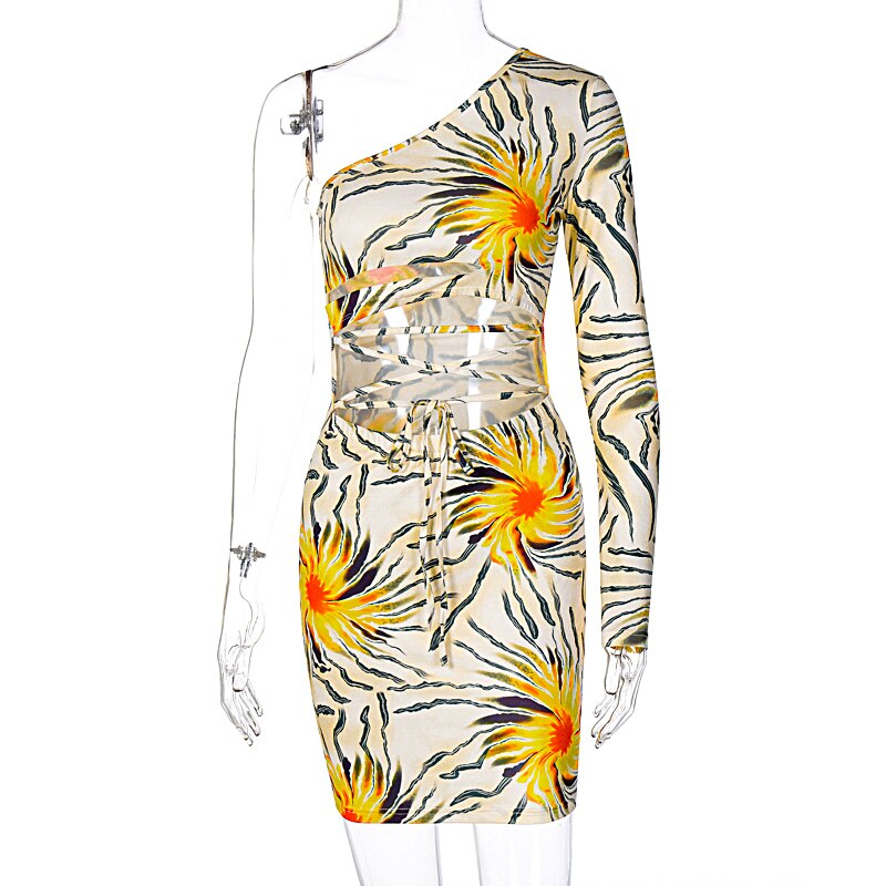 Tie Dye Floral Print Hollow Out Lace Up Cross One Shoulder Long Sleeve Women Mini Dress