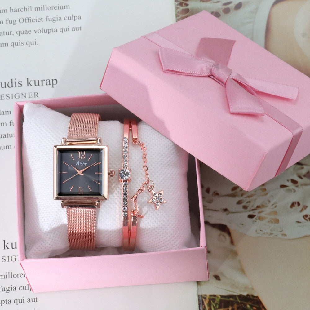 3pcs Set Women's Watches +Bracelet+Box Set Luxury Leather Band Quartz WristWatch Ladies Watch