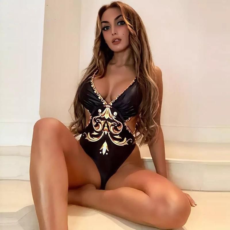 One Piece Swimsuit Women Swimwear Backless Bodysuit Print Bathing Suit