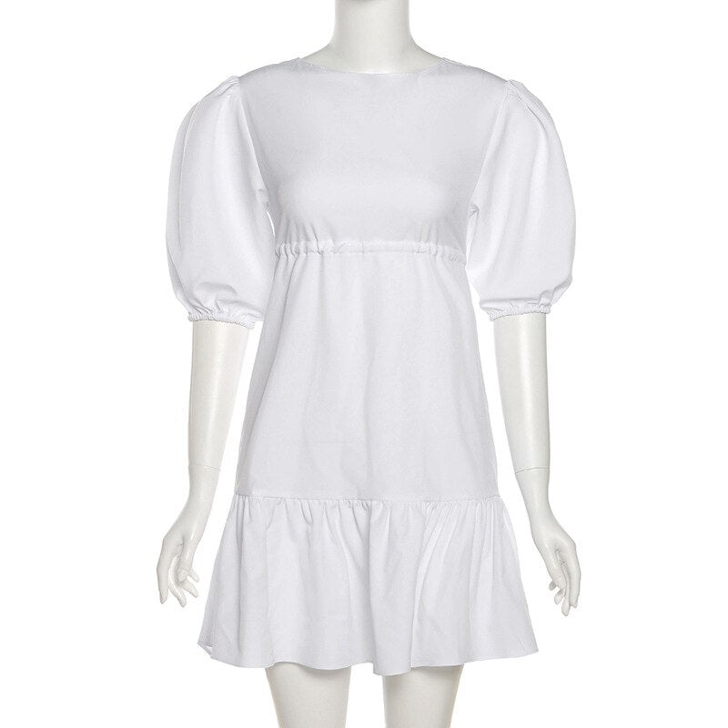 Beach Backless Tie-up Ruffles A-line Bodycon Sundress Elegant White Mini Dress Boho Short Puff Sleeve Summer Clothes Bridesmaid