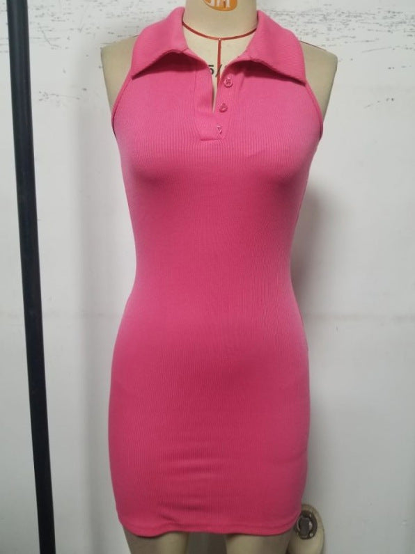 Women Clothing 2022 Spring Summer Polo Collar Hip Skirt Sexy Hot Girl Sleeveless Knitted Dress