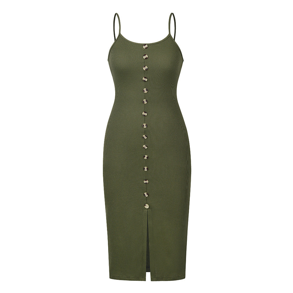 Spring Summer Women Clothing Rib Slim-Fit Elegant Dress Sexy Knitted Button Slit Skirt