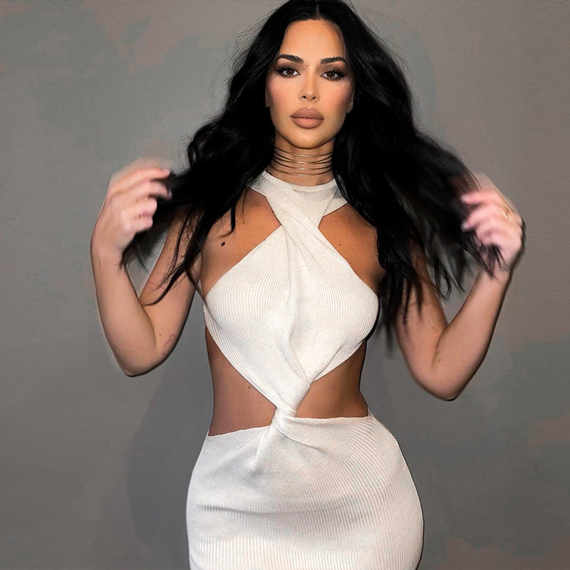 Women Clothing Spring Solid Color Sexy Sleeveless round Neck Twisted Slim Fit Maxi Dress