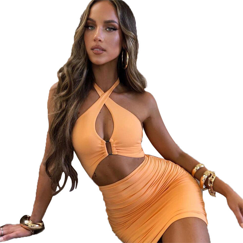 Style 2021 Summer New Women Halter Sexy Hollow-out Backless Fashion Slim Sheath Dress