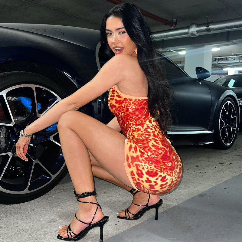 Women Clothing Summer Sexy Lace Halter Printed Sheath Dress